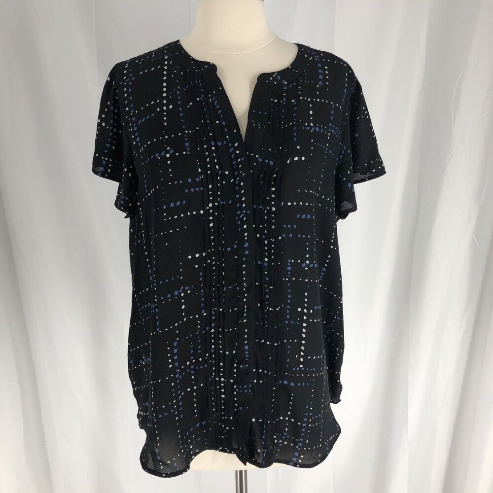 Ann Taylor Factory Women's V Neck Short Sleeve Button Blouse, Large